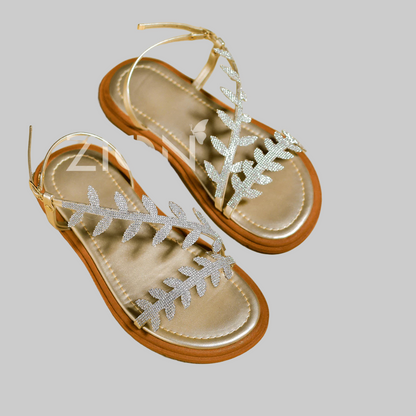 Sandália Feminina Papete Rasteirinha Strass Flor Folha Brilho Verão