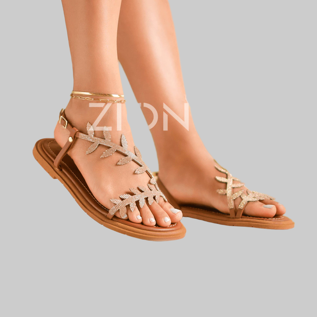 Sandália Feminina Papete Rasteirinha Strass Flor Folha Brilho Verão