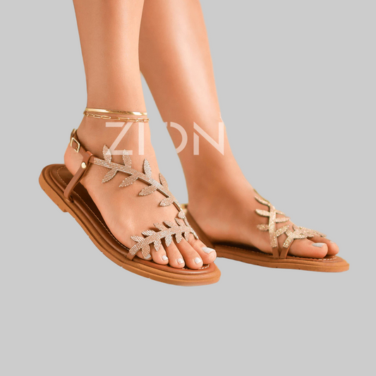 Sandália Feminina Papete Rasteirinha Strass Flor Folha Brilho Verão