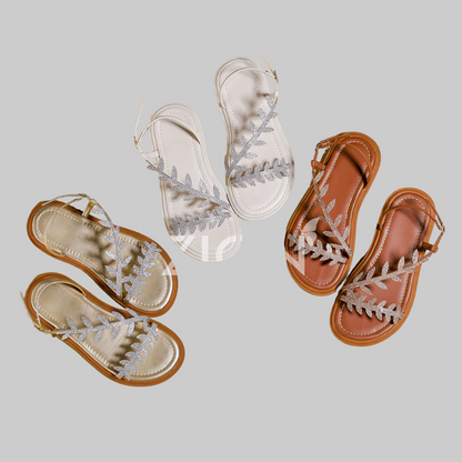 Sandália Feminina Papete Rasteirinha Strass Flor Folha Brilho Verão