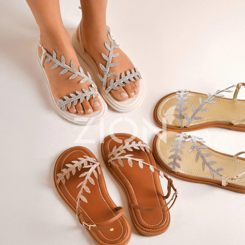 Sandália Feminina Papete Rasteirinha Strass Flor Folha Brilho Verão