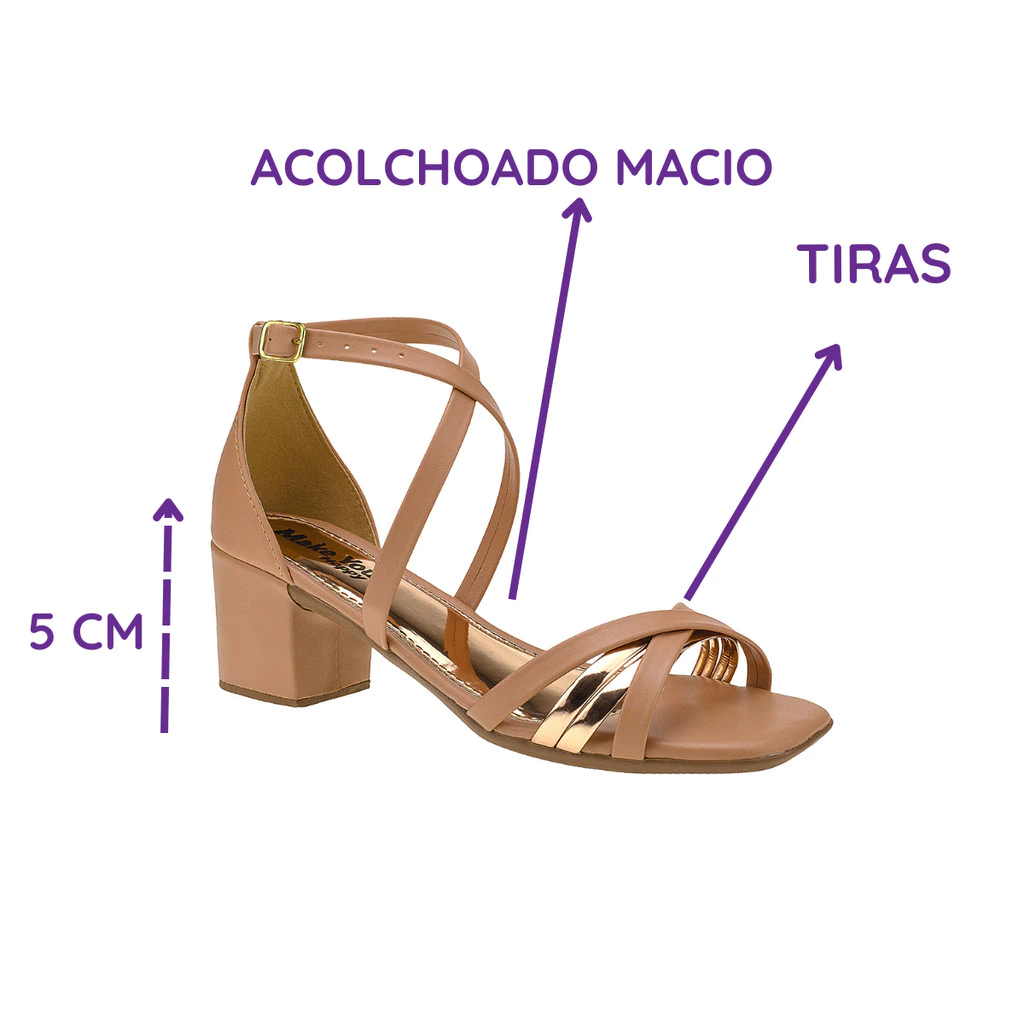 Sandalia Feminina Salto Baixo Grosso Bico Quadrado Tira X