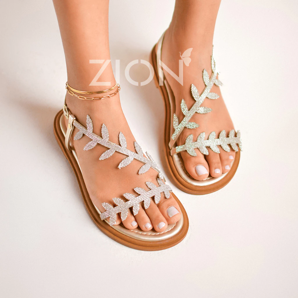 Sandália Feminina Papete Rasteirinha Strass Flor Folha Brilho Verão