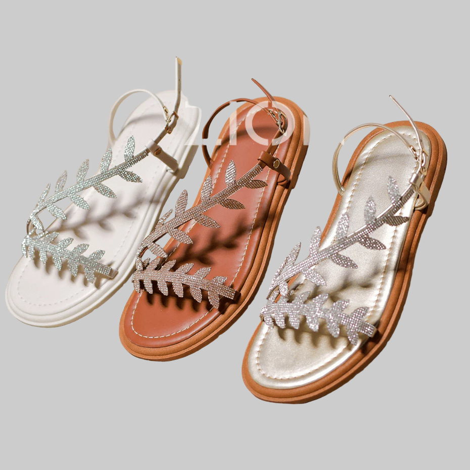 Sandália Feminina Papete Rasteirinha Strass Flor Folha Brilho Verão